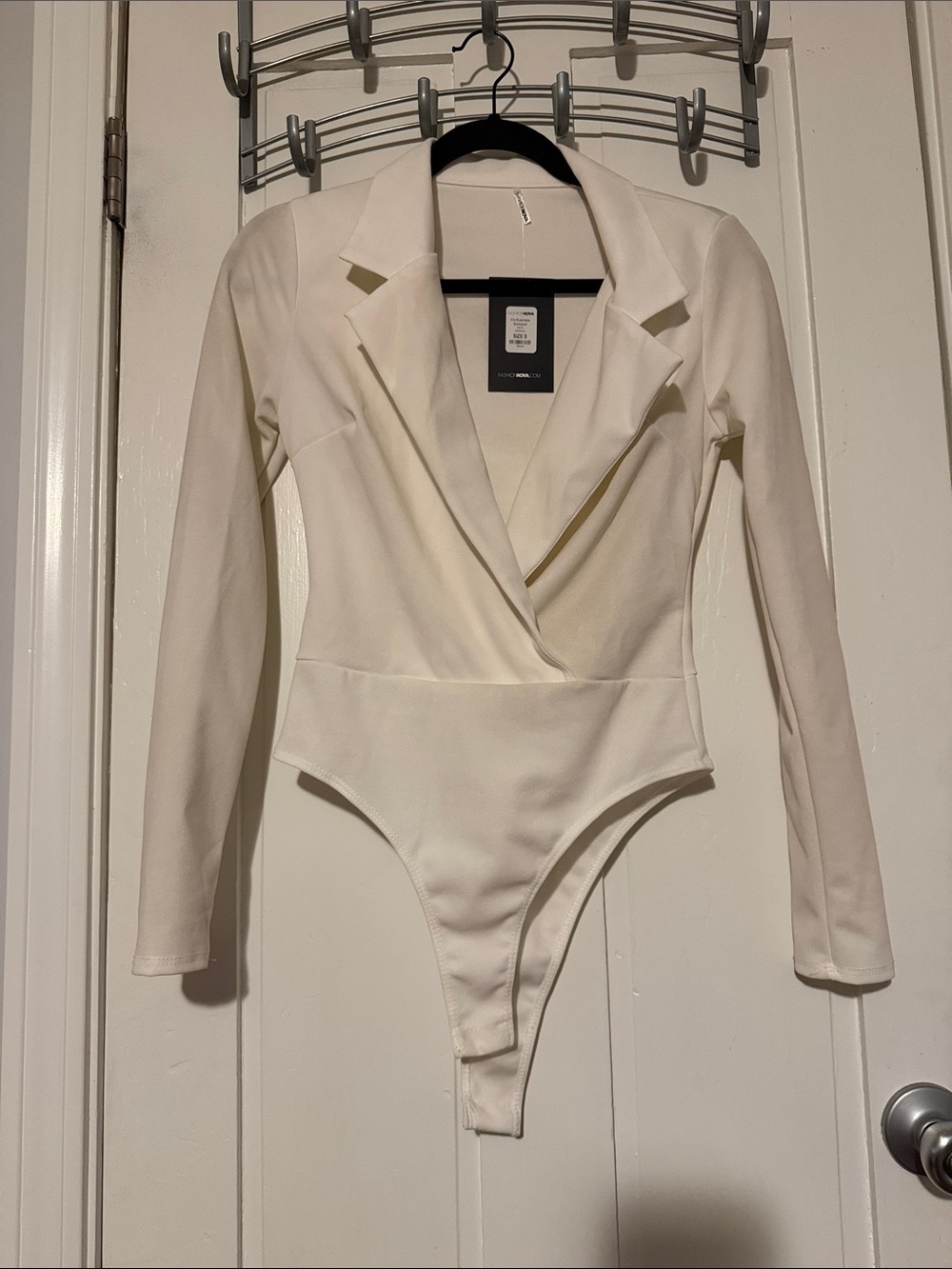 Fashion Nova Cream Blazer-Style Long Sleeve Bodysuit